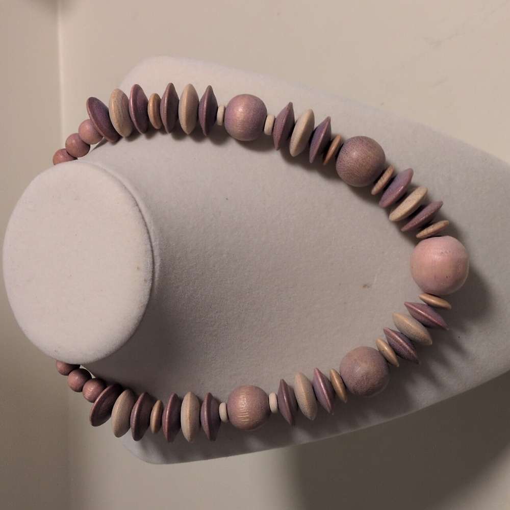 Elegant Purple Pink Tan Wood Beaded Necklace